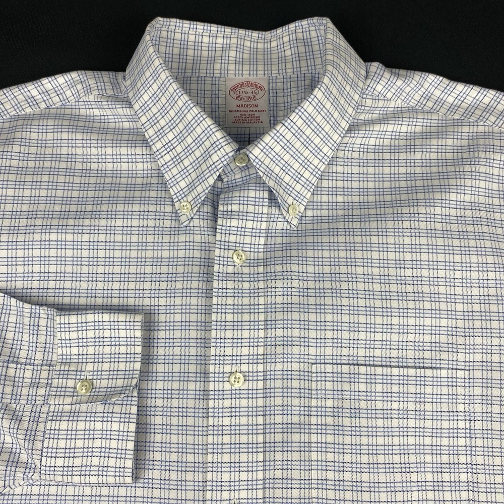 Brooks Brothers Dress Shirt Mens 17.5-35 White/Blue Plaid Madison Fit No Iron